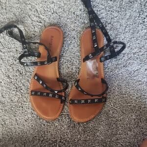 BAMBOO Black Ankle Wrap Flat Sandals W Silver Studded Accents Casual Goth Biker